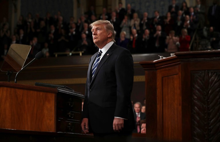 President Donald Trump arrives on Capitol Hill in Washington, Tuesday, Feb. 28, 2017, for his address to a joint session of Congress. (Jim Lo Scalzo/Pool Image via AP)
