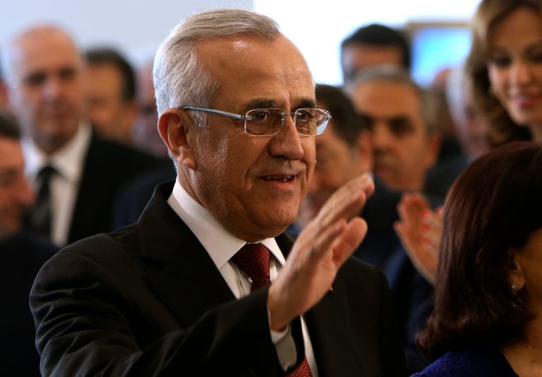 Lebanese President Michel Suleiman waves as he arrives to give his farewell speech at the end of his six-year term, at the presidential palace, in the Beirut suburb of Baabda, Lebanon, Saturday May 24, 2014. Lebanese politicians haven't been able to agree on a successor to Suleiman, whose term ends Sunday. Sulaiman has called for the country's squabbling politicians to choose a successor to his post as he steps down. (AP Photo/Hussein Malla)
