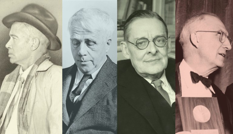 Four modern American poets are shown. From left to right: e. e. cummings, Robert Frost, T.S. Eliot, and William Carlos Williams.