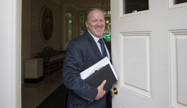 Former White House press secretary Sean Spicer wants a piece of Melissa McCarthy's recent Emmy victory, saying Monday he believes the comedian should share her award with him. (AP Photo/J. Scott Applewhite)