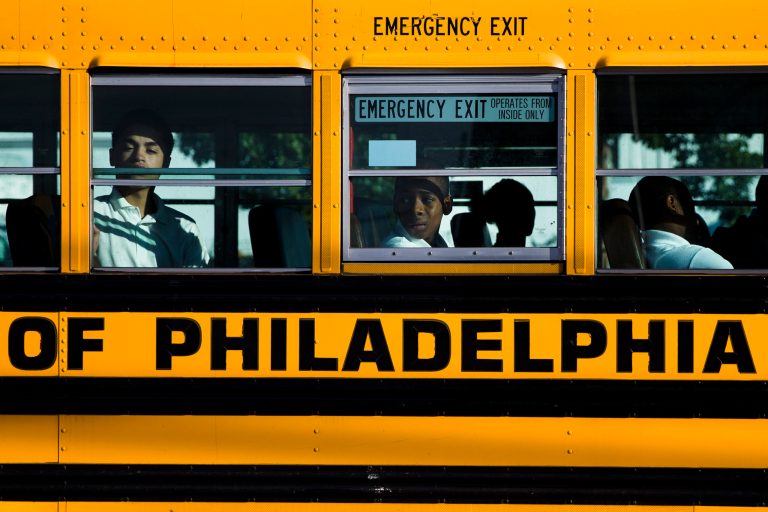 Students arrive for school Monday, Sept. 8, 2014, in Philadelphia. Philadelphia opened three new public high schools Monday in an effort to show the troubled district is still trying to innovate despite the specter of massive layoffs. (AP Photo/Matt Rourke)