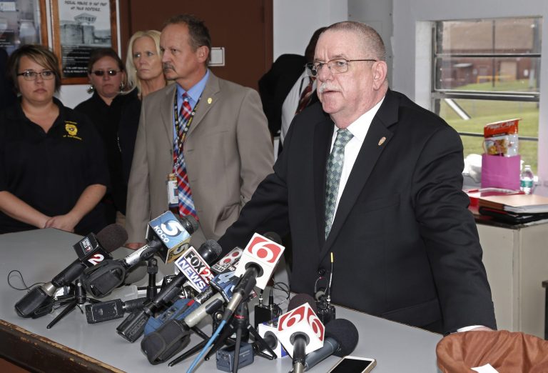 In this Wednesday, Sept. 30, 2015 photo, Oklahoma Department of Corrections Director Robert Patton gives a statement to reporters at the media center at the Oklahoma State Penitentiary in McAlester, Okla, after Gov. Mary Fallin halted the execution execution of Richard Glossip due to a question about the execution drugs. (AP Photo/Sue Ogrocki)