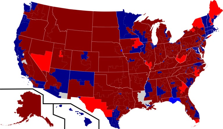 Itâs a map of the United States showing the congressional districts won by Republicans in red and those won by Democrats in blue. (Map courtesy: Kurykh/Wikipedia)