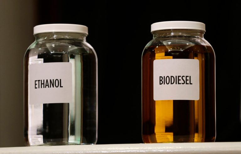 Jars of ethanol and biodiesel fuel sit on display during the Iowa Renewable Fuels Association meeting, Tuesday, Jan. 28, 2014, in Altoona, Iowa. (AP Photo)
