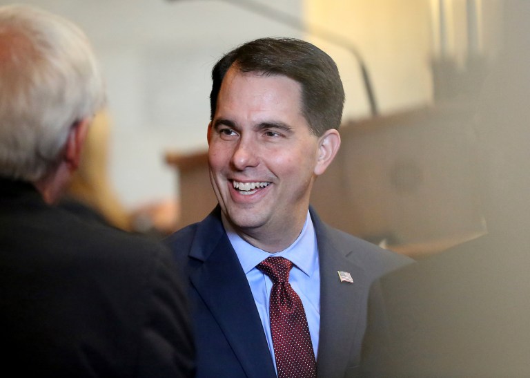 Walker gained national attention when he took on the unions with right-to-work legislation. (John Hart/Wisconsin State Journal via AP)