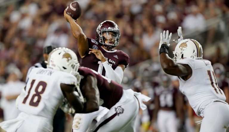 Texas A&M quarterback Kellen Mond (11) passes down field against Texas State during the first half of an NCAA college football game on Aug. 29, 2019.