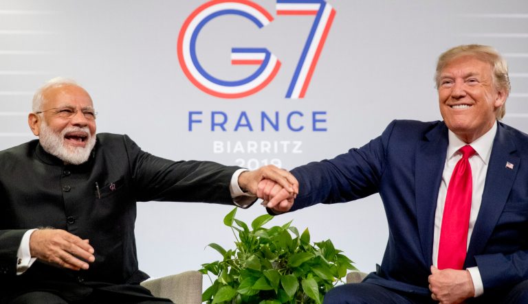 President Donald Trump and Indian Prime Minister Narendra Modi share a laugh together during a bilateral meeting at the G-7 summit in Biarritz, France, Monday, Aug. 26, 2019. 