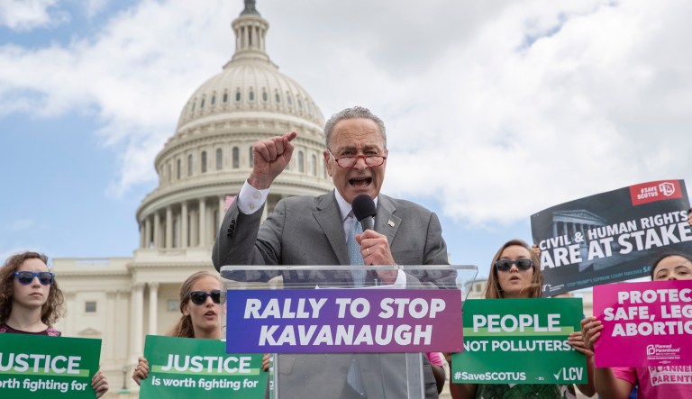 Senate Minority Leader Chuck Schumer, D-N.Y., joins protesters objecting to President Donald Trump's Supreme Court nominee Brett Kavanaugh, at a rally Capitol in Washington, Wednesday, Aug. 1, 2018.