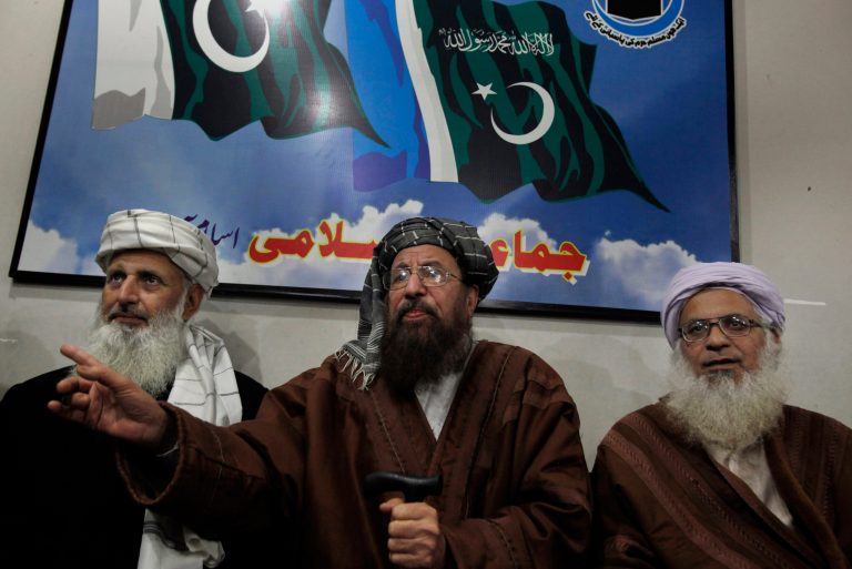 Pakistani religious clerics and members of Taliban's negotiating committee, from left to right, Professor Ibrahim Khan, Maulana Sami-ul-Haq, and Maulana Abdul Aziz, answer a question during their press conference in Islamabad, Pakistan, Tuesday, Feb. 4, 2014. A three-member committee appointed by Pakistani Taliban to hold peace talks with Pakistan has accused its Pakistani counterparts of scuttling the peace process by not turning up for the first round of talks in the capital. (AP Photo/Anjum Naveed)