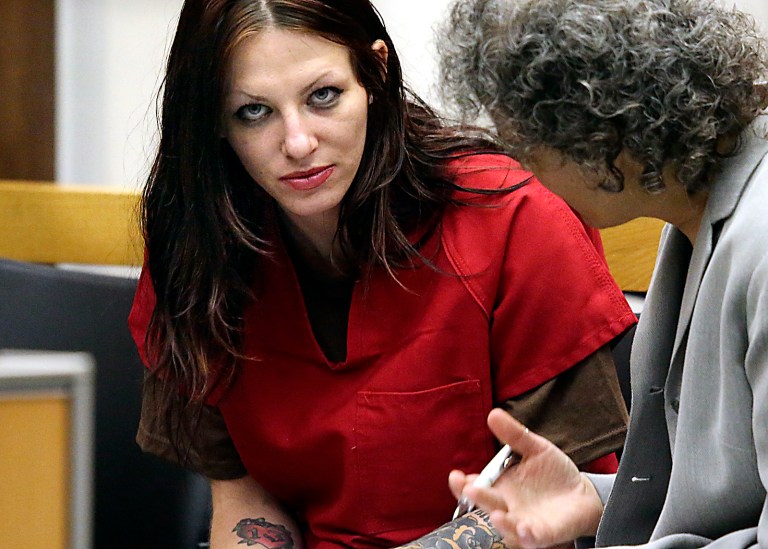 Alix Tichelman, left, of Folsom, Calif., confers with public defender Diane August during her arraignment in Santa Cruz Superior Court Wednesday, July 9, 2014, in Santa Cruz, Calif. Tichelman, an alleged upscale prostitute, is facing manslaughter charges for the November 2013 death of Forrest Hayes, a Google executive. Tichelman, who is also facing drug and prostitution charges, is being held on $1.5 million bail. (AP Photo/Santa Cruz Sentinel, Shmuel Thaler)