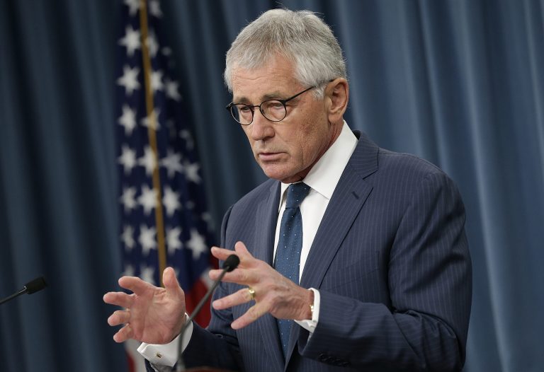 U.S. Secretary of Defense Chuck Hagel answers questions during a press briefing at the Pentagon. (Win McNamee/Getty images)