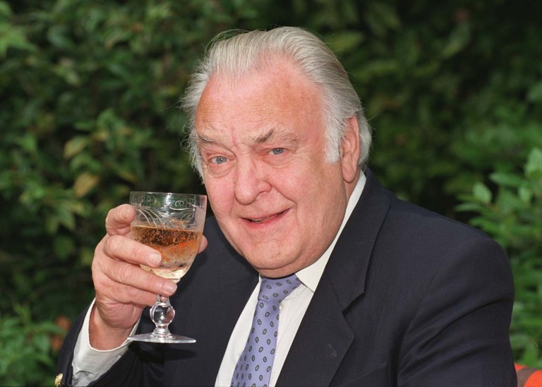 FILE - This Friday, June 13, 1997 file photo shows British actor Donald Sinden in London. The British actor Donald Sinden has died at his home in Kent, England, of prostate cancer, his son says. He was 90. Marc Sinden said his father's varied career kept him so busy that he was only unemployed for five weeks in the period from 1942 to 2008. Sinden was known as a tremendously versatile actor who excelled at everything from Shakespeare's King Lear to TV sitcoms such as 