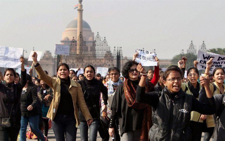   Activist of the All India Democratic Womenâs Association and Young Womenâs Christian Association (YWCA) students shout slogans as they take part in a protest march from the Presidential Palace to India Gate in New Delhi, India, Friday, Dec. 21, 2012. The gang-rape and beating of a 23-year-old student by six men on a bus in New Delhi may have sparked days of protests and demands for authorities to take tougher action, but for women in India it is just an extreme example of what they have to live with. (AP Photo)  