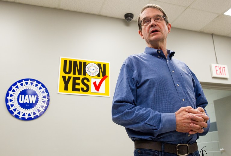In this Feb. 14, 2014, photo, United Auto Workers President Bob King discusses the union's  712-626 defeat in an election at the Volkswagen plant in Chattanooga, Tenn. The UAW on Friday, Feb. 21, 2014, filed an objection with the National Labor Relations Board seeking to vacate the result and order a new election. (AP Photo/Erik Schelzig)