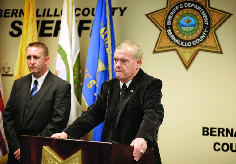 Bernalillo County Sheriff Dan Houston holds a news conference on the five person homicide on Sunday, Jan. 20, 2013. Authorities said a teenage boy fatally shot two adults and three children at a home near Albuquerque. (AP Photo/Albuquerque Journal, Pat Vasquez-Cunningham)
