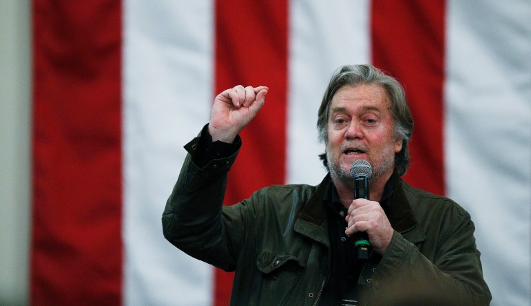 Former White House strategist Steve Bannon speaks in support of U.S. Senate candidate Roy Moore during a campaign rally, Monday, Dec. 11, 2017, in Midland City, Ala. (AP Photo/Brynn Anderson)