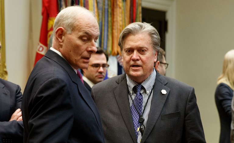 Former White House chief strategist Steve Bannon welcomed John Kelly as chief of staff because he hoped he would introduce structure to the West Wing and weaken first daughter Ivanka Trump's influence over the president, according to a report. (AP Photo/Evan Vucci)