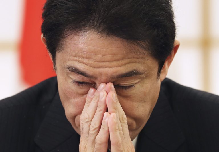 Japanese Foreign Minister Fumio Kishida attends a interview with the Associated Press at Foreign Ministry in Tokyo, Monday, Feb. 24, 2014. (AP Photo/Koji Sasahara)