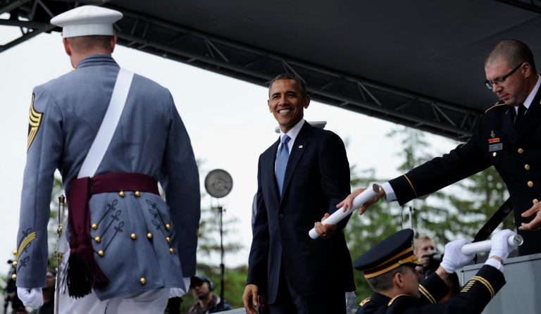 President Obama hands out diplomas to the graduating class of the U.S. Military Academy at West Point in West Point, N.Y., Wednesday, May 28, 2014. (AP Photo/Susan Walsh)