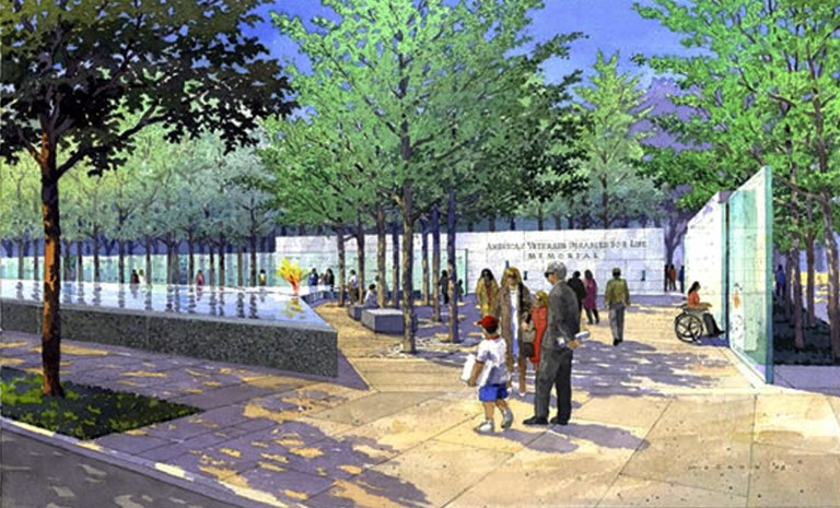 In this watercolor illustration provided by the Veterans Disabled for Life Foundation, people stroll through the memorial for disabled veterans. The American Disabled for Life Memorial will be dedicated in Washington on Sunday, Oct. 5, 2014. Florida socialite Lois Pope donated $10 million for the memorial construction. (AP Photo/VDFL Foundation, Michael McCann)