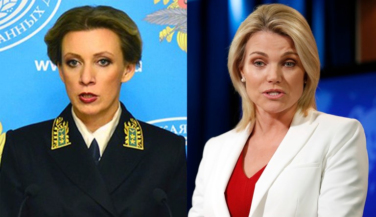 Russian Foreign Ministry spokeswoman Maria Zakharova's barbs against State Department spokeswoman Heather Nauert's statement Tuesday was the latest salvo in a war of words over how the U.S. and Russian governments treat foreign media in each country. (Wikipedia and AP Photos)