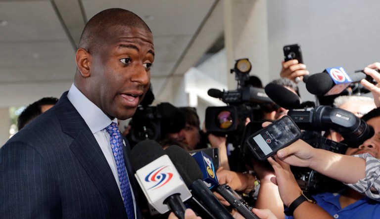 Democratic candidate for Florida governor Andrew Gillum speaks to the news media during a campaign event at Miami Dade College, Monday, Oct. 29, 2018, in Miami.