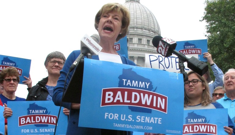 Sen. Tammy Baldwin, D-Wis. speaks to supporters on Thursday, Sept. 20, 2018, in Madison, Wis.