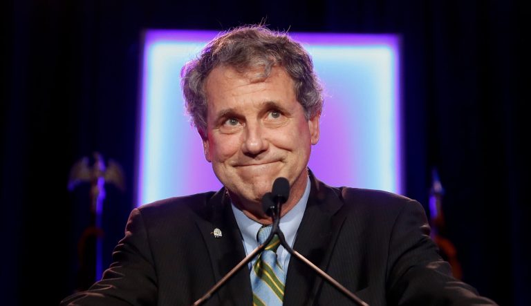 Sen. Sherrod Brown, D-Ohio, reacts as he speaks to the audience during the Ohio Democratic Party election night watch party, Tuesday, Nov. 6, 2018, in Columbus, Ohio.