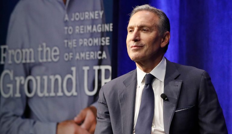 Former Starbucks CEO and Chairman Howard Schultz looks out at the audience as a heckler is led away during a book promotion tour, Monday, Jan. 28, 2019, in New York.