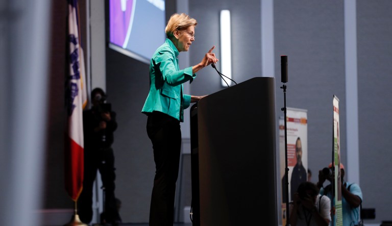 Democratic presidential candidate Sen. Elizabeth Warren speaks at the Iowa Federation of Labor convention, Wednesday, Aug. 21, 2019, in Altoona, Iowa.