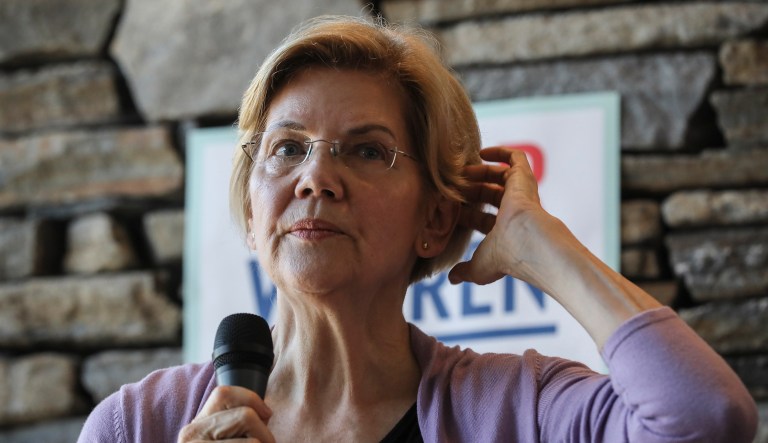 Sen. Elizabeth Warren D-Mass., speaks at Ann Garland's house party in Lebanon, N.H. Saturday, April 13, 2019.