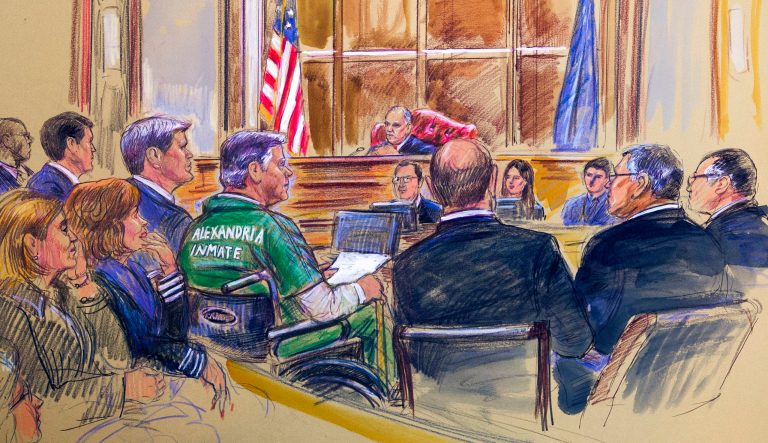 This courtroom sketch depicts former Trump campaign chairman Paul Manafort, center in a wheelchair, during his sentencing hearing in federal court before judge T.S. Ellis III in Alexandria, Va., Thursday, March 7, 2019. Manafort was sentenced to nearly four years in prison for tax and bank fraud related to his work advising Ukrainian politicians, a significant break from sentencing guidelines that called for a 20-year prison term. 