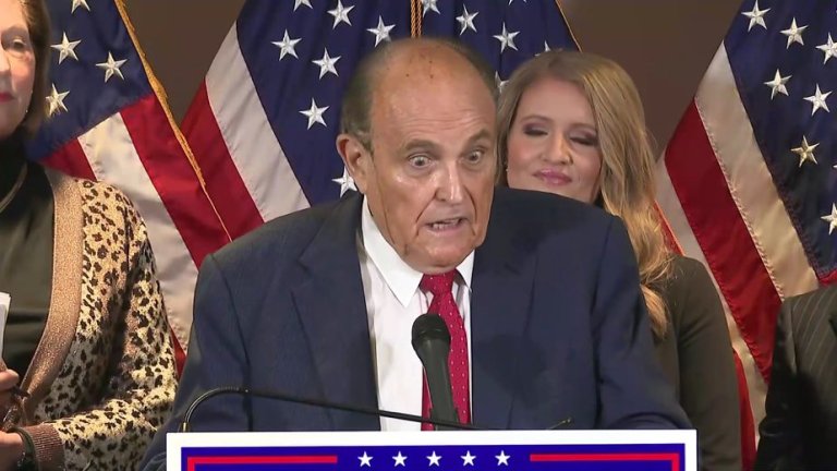 Trump legal team’s wild press conference features hair-dye malfunction, attacks on press, and serious allegations