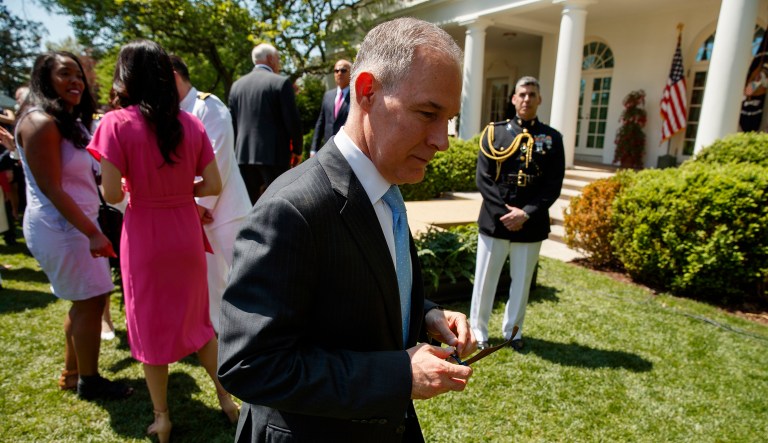 Environmental Protection Agency administrator Scott Pruitt leaves a "National Day of Prayer" event in the Rose Garden of the White House, Thursday, May 3, 2018, in Washington.