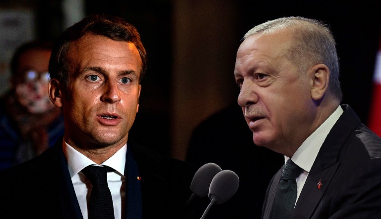 Seen are Emmanuel Macron of France (left) and Recep Tayyip Erdogan of Turkey (right).