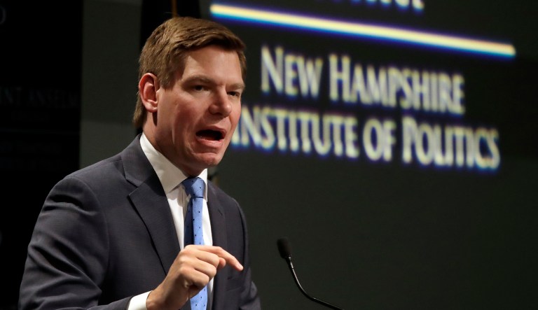 Rep. Eric Swalwell, D-Calif., speaks at a Politics & Eggs event, Monday, Feb. 25, 2019, in Manchester, N.H. Swalwell is considering a run for the Democratic presidential nomination.
