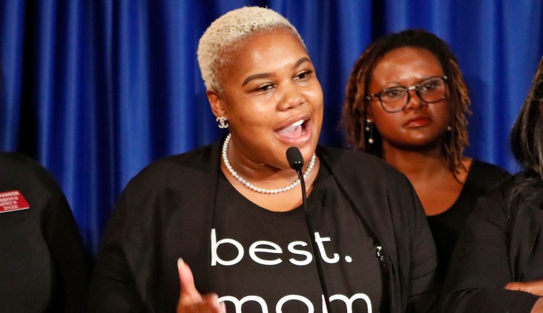FILE - In this May 7, 2019 file photo Rep. Erica Thomas, D-Austell, speaks during a news conference in Atlanta. Thomas says she was verbally attacked in a supermarket by a white man who told her, "Go back where you came from."