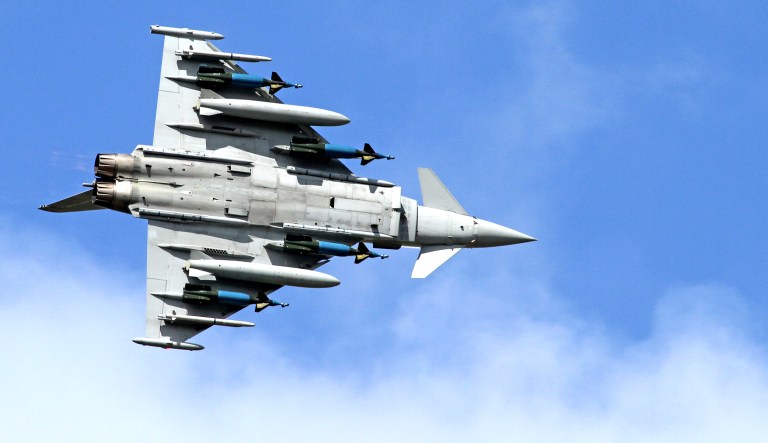 A Eurofighter Typhoon FGR4 8 plane flies over the United Kingdom.