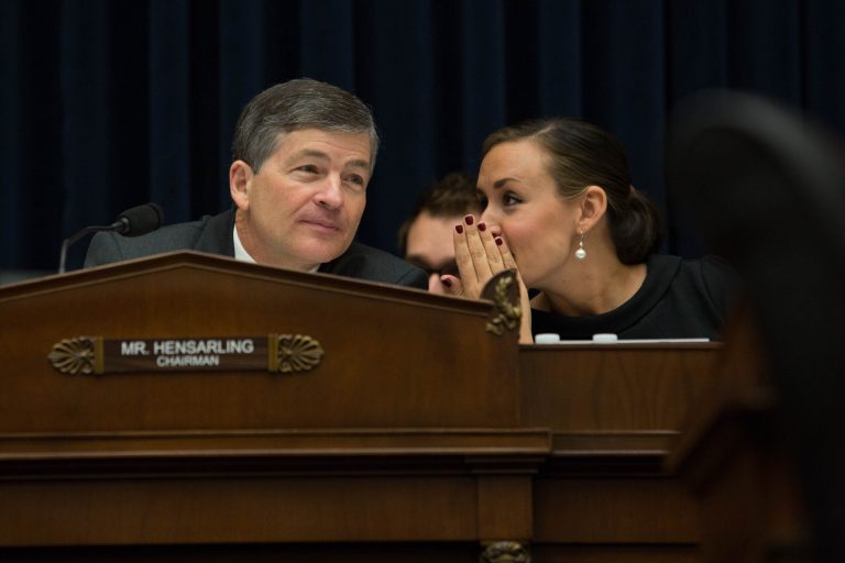 Chairman of the House Financial Services Committee Jeb Hensarling confers with a staff member during a hearing on the Export-Import bank's reauthorization request, and the government's role in export financing, on Capitol Hill, Wednesday, June 3, 2015. 