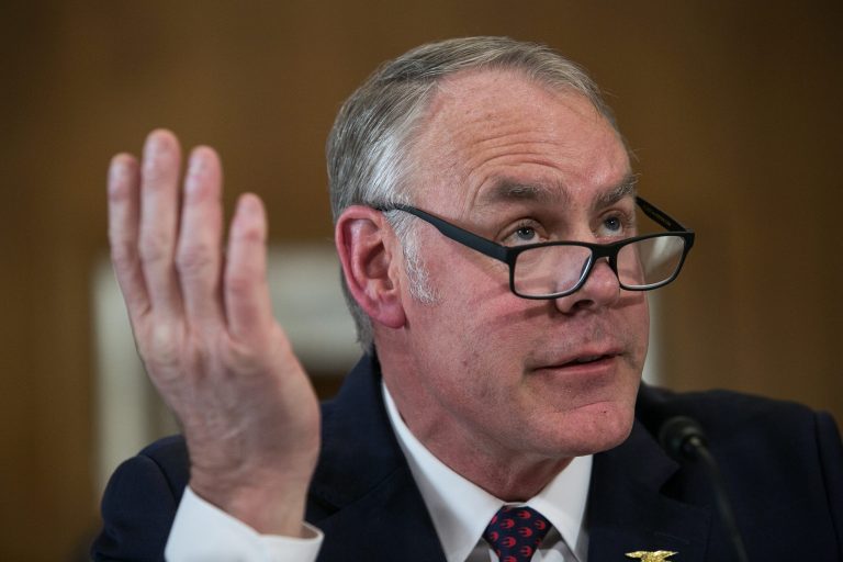 Secretary of the Interior Ryan Zinke testifies before the Senate Energy and Natural Resources Committee on Capitol Hill, Tuesday, March 13, 2018, on President Trump's proposed fiscal 2019 budget for the Interior Department. 