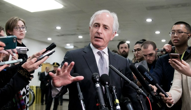 Sen. Bob Corker of Tennessee takes questions from the press following closed door meeting with Senators about Saudi Arabia on Capitol Hill in D.C.