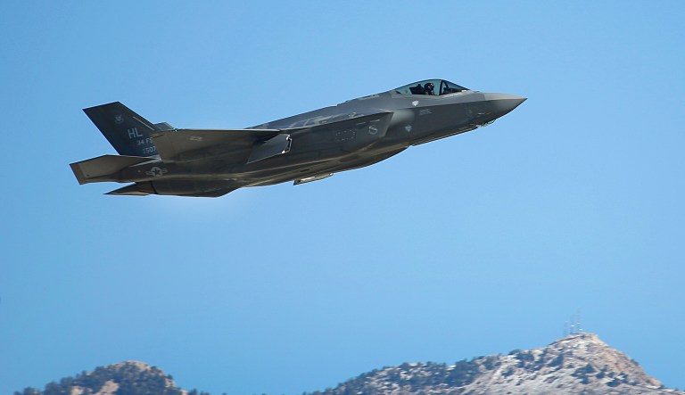 A Lockheed Martin Corp. F-35A jet flies during a training mission in Hill Air Force Base, Utah, U.S., on Friday, Oct. 21, 2016.