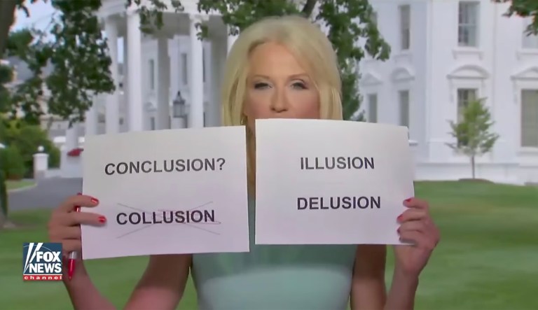 Kellyanne Conway's use of flashcards in a Fox News interview on Wednesday night was turned into meme by social media users. (Image courtesy screenshot)