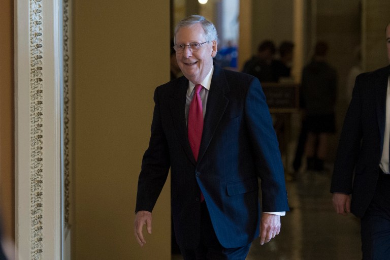 Senate Majority Leader Mitch McConnell said on the Senate floor that he was told Thursday night about the strike by Vice President Mike Pence, and said other senators would be briefed Friday. (AP Photo/Cliff Owen)