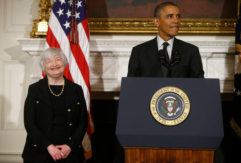 President Obama's nominee for Federal Reserve Chairwoman, Janet Yellen, currently vice chair of the Board of Governors of the Federal Reserve System, stands in the State Dining Room of the White House, where the president announced he is nominating Yellen to be chair of the Fed, succeeding Ben Bernanke. (AP Photo/Charles Dharapak)