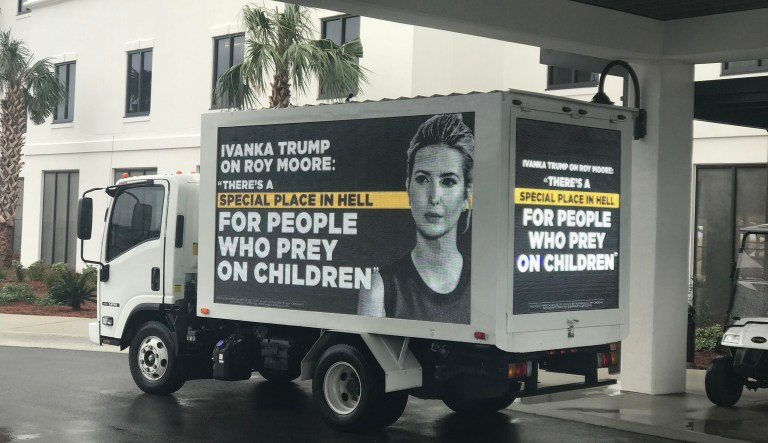 The mobile billboard, paid for by Democratic group American Bridge, will display statements Ivanka made when news first broke claiming that Moore molested a 14-year-old girl and preyed on teenage girls. (Photos courtesy: American Bridge)