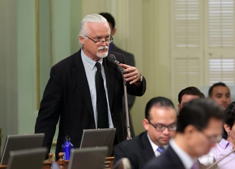 Assemblyman Wes Chesbro, D-Arcata, called on Assembly members to approve his measure that allows underage college students studying wine and beer production to take classes in which they can taste the beverage, at the Capitol in  Sacramento, Calif., Thursday, May 15, 2014.  By a 70-2 vote the Assembly approved Chesbro's bill, AB1989 and sent it to the Senate. (AP Photo/Rich Pedroncelli)