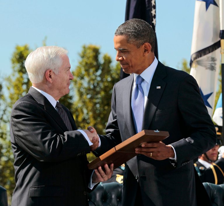 President Obama presents the Presidential Medal of Freedom to then-retiring Defense Secretary Robert Gates during an Armed Forces Farewell Tribute at the Pentagon in June 2011. (AP Photo/Pablo Martinez Monsivais)