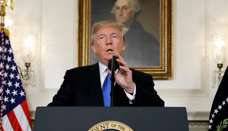 President Trump gave a speech on the Iran nuclear deal on Friday. (AP Photo/Evan Vucci)