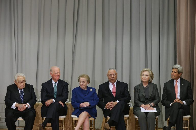 Former Secretaries of State (L-R) Kissinger, Baker, Albright, Powell and Clinton join John Kerry for the ceremonial groundbreaking of the future U.S. Diplomacy Center in Washington, DC. (Getty images)